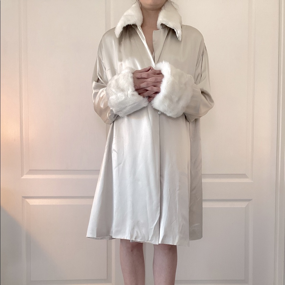 Carine Gilson Silk Robe Bed Jacket with Faux Fur Trim